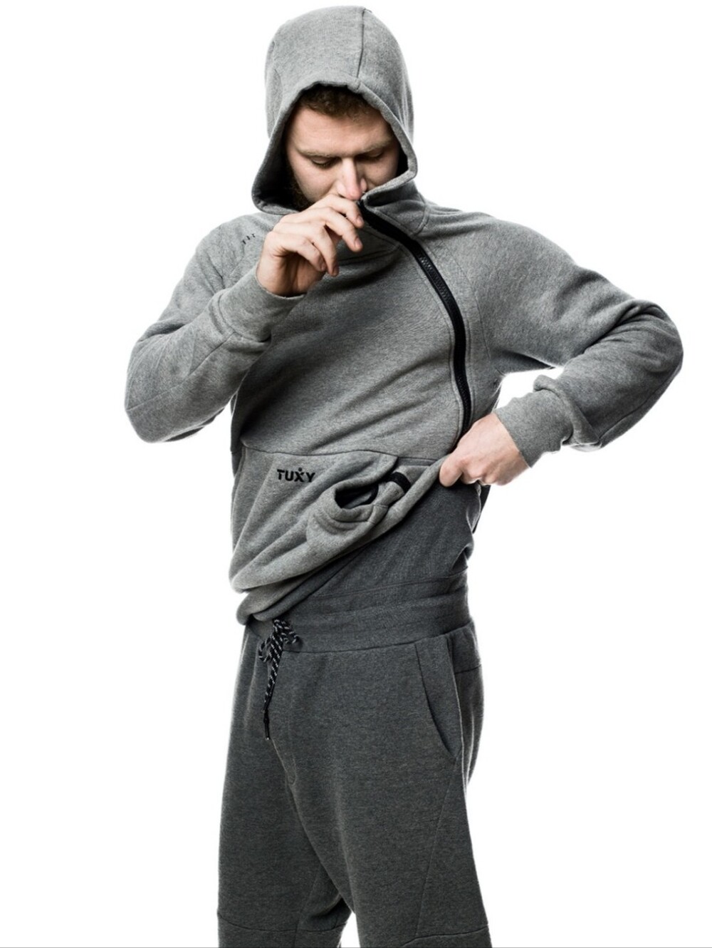 TUXY Size XL, Jumpsuit, Hoodie, Gray, Pockets, Cotton Sweatshirt